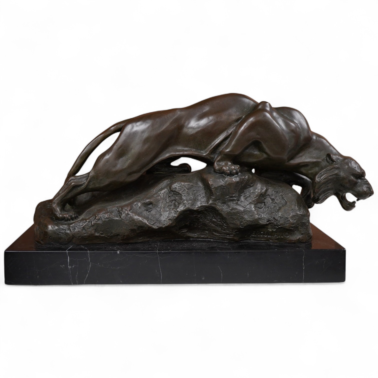 After Giacomo Merculiano, an Art Deco style patinated bronze of a panther, signed, length 30cm